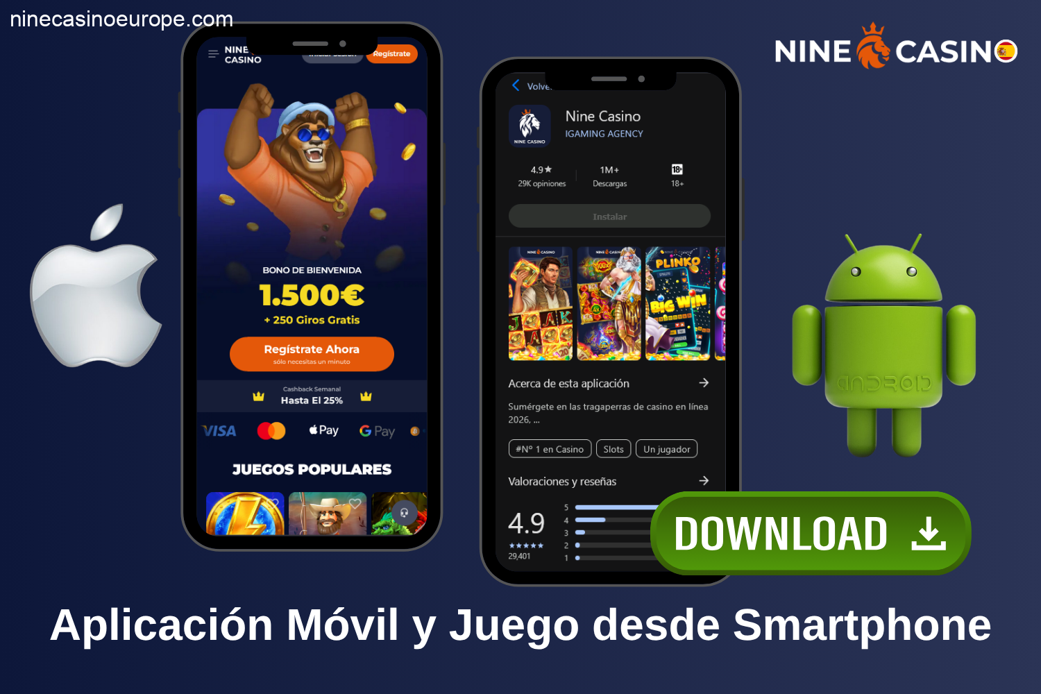 Aplicación móvil de Nine Casino España y juego desde smartphone